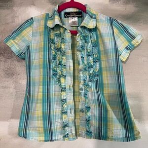 Girls' Teal & Yellow Plaid Ruffle Button-Up Top